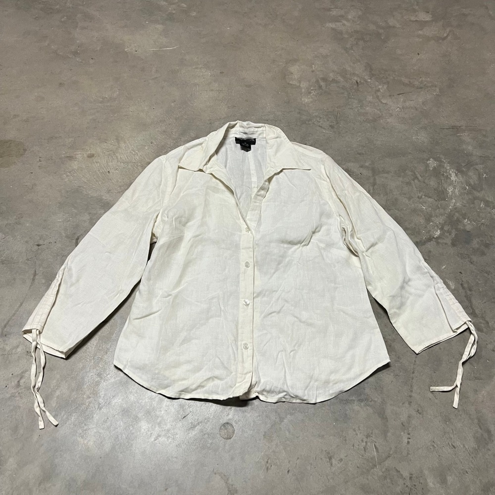 Style & Co Women 10 White 100% Linen Button Down Shirt Long Sleeve Tie Cuff Top
